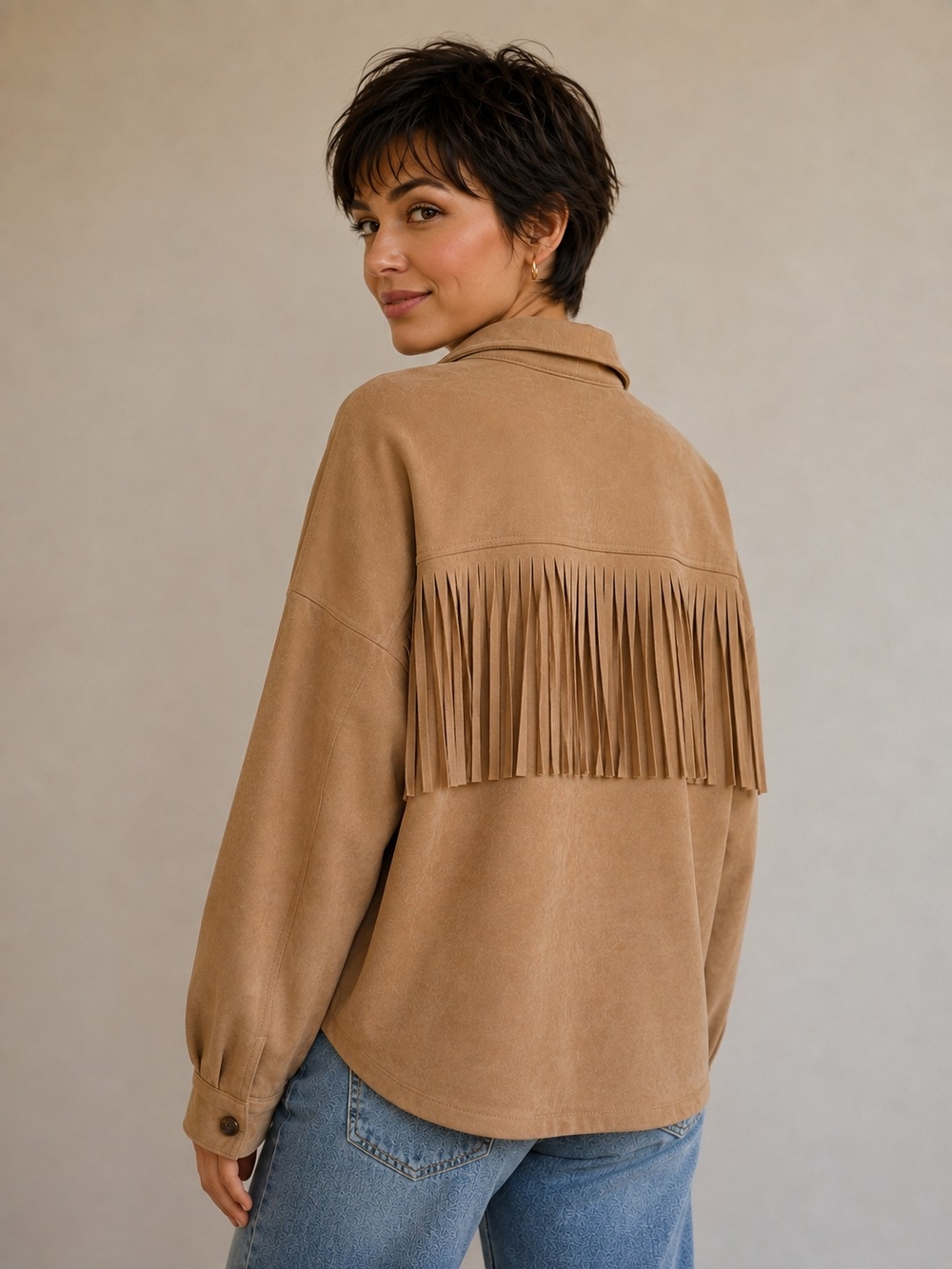C36 White Birch Fringe Soft Brushed Faux Suede Oversized Shacket Western Rodeo